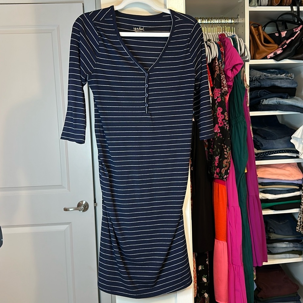 Navy blue striped long sleeve winter maternity dress